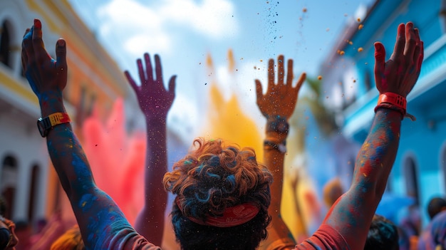 Foto celebración vibrante del festival de holi con polvo de colores en el aire