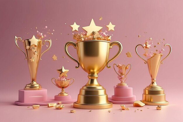 Celebración de la Victoria de Oro 3D Los ganadores mínimos con Copa de Oro y Ceremonia de entrega de estrellas en estilo de dibujos animados