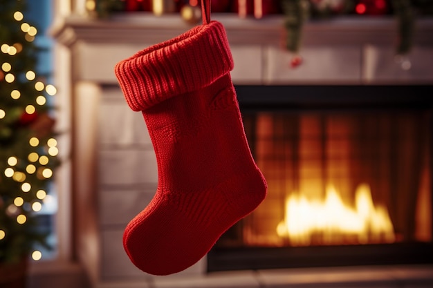 Celebraciones festivas de Navidad calcetín rojo colgado por la chimenea esperando sorpresas alegres de Papá Noel