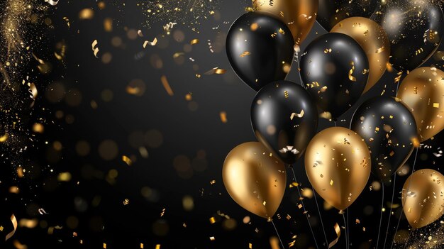 Celebraciones de fondo con globos negros y dorados serpentinas chispas de confeti
