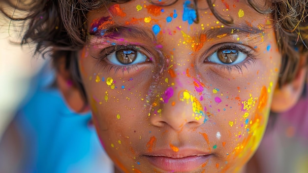 Celebraciones de Holi en la India Primer plano de un niño jugando a Holi