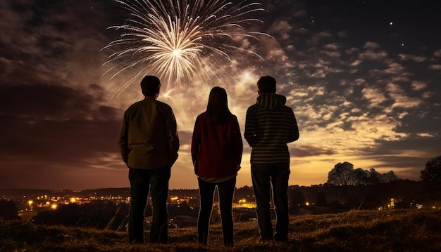 Foto celebrações de ano novo fundo pessoas assistindo fogos de artifício vista noturna romântica