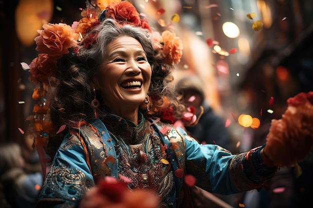 Foto celebrações de rua chinesa ruas movimentadas cheias de decorações coloridas e desfiles animados gerados com ia