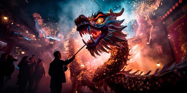 Celebrações do Ano Novo Chinês com shows de fogo e instalações de luzes