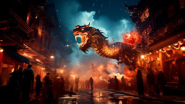 Foto celebrações do ano novo chinês com shows de fogo e instalações de luzes
