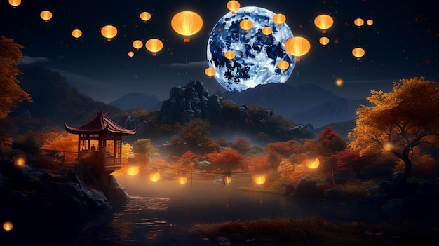 Celebrações do festival do meio do outono na China, Singapura, imagem Arte gerada por Ai