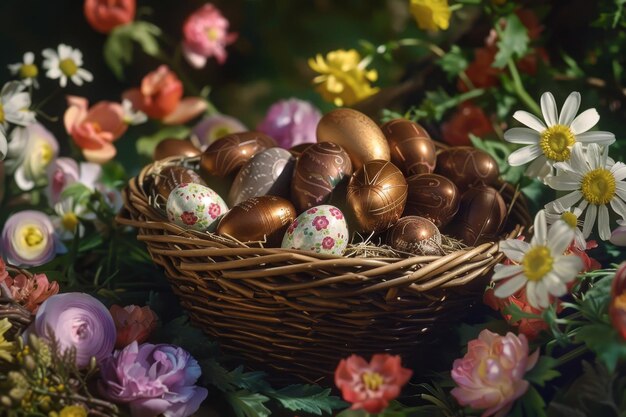 Celebrando a Páscoa Uma vibrante exibição de ovos de chocolate em uma tradicional cesta de vime cercada