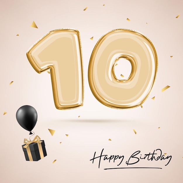 Celebrando un aniversario de diez años. Cumpleaños número 10 globo negro. cartel de cumpleaños