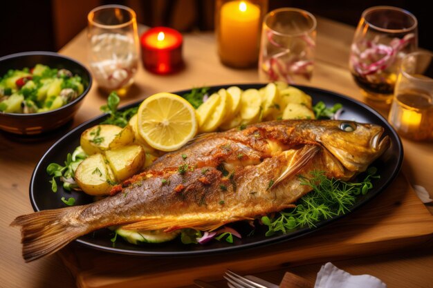 Celebrando conexões familiares Um delicioso banquete de peixe frito, batata e salada refrescante