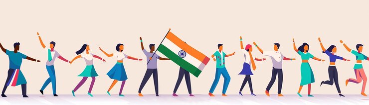 Celebrando el Día de la Independencia de la India La gente baila con la bandera de la India en la profundidad del campo con espacio de copia para el texto