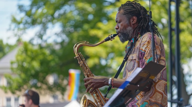 Celebrando el Día Internacional del Jazz en el Festival Mundial de Jazz un saxofonista hipnotiza a la audiencia con melodías conmovedoras en una vibrante atmósfera de festival