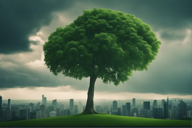 celebrando el Día Mundial del Medio Ambiente en la ciudad con un día nublado y árboles verdes