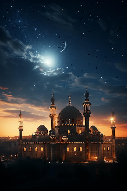 Celebrando eid al adha mezquita simbólica futurista luna creciente en azul y naranja