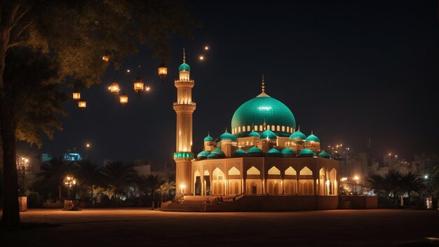 Celebrando eid ul fitre con mezquita y fondo islámico