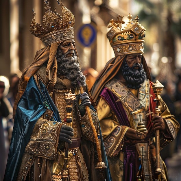 Celebrando las festividades del Día de los Tres Reyes con una multitud en la calle