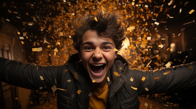 Celebrando a un joven con un teléfono móvil ganando el premio y bañado con IA generativa de Gold Confett