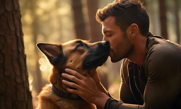 Celebrando o amor de um homem e seu cão em um abraço terno