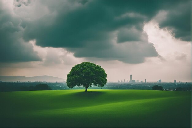 celebrando o Dia Mundial do Meio Ambiente na cidade com um dia nublado e árvores verdes