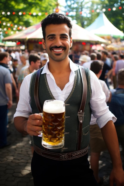 celebrando el Oktoberfest un joven feliz con una cerveza en la mano