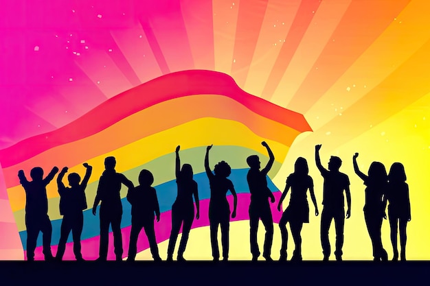 Celebrando las siluetas de las personas de la diversidad y la IA generativa de la bandera del arco iris LGBT