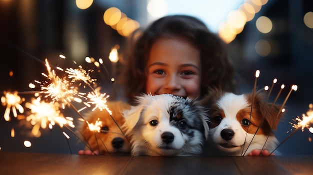 Foto celebrando con sus mascotas y perros con luces brillantes