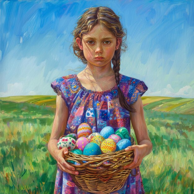 Celebrando las tradiciones de Pascua Una muchacha explorando un campo con su canasta de huevos de colores