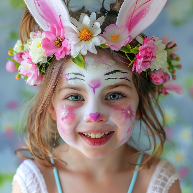 Celebrar a Primavera com PáscoaPintura facial com temas de padrões florais a motivos de coelhos