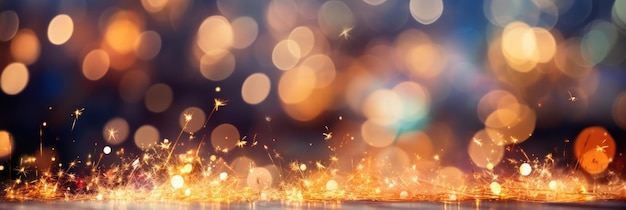 Celebrar el Año Nuevo con fuegos artificiales de champán borroso con luces bokeh y brillo