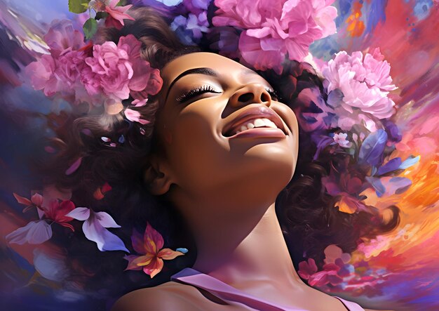 Celebrar el Día de la Madre Mujer afrocéntrica rodeada de flores en una vibrante pintura de IA generativa