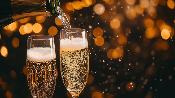 Celebrar el Día Nacional del Champaña con bebidas gaseosas vertidas en elegantes vasos
