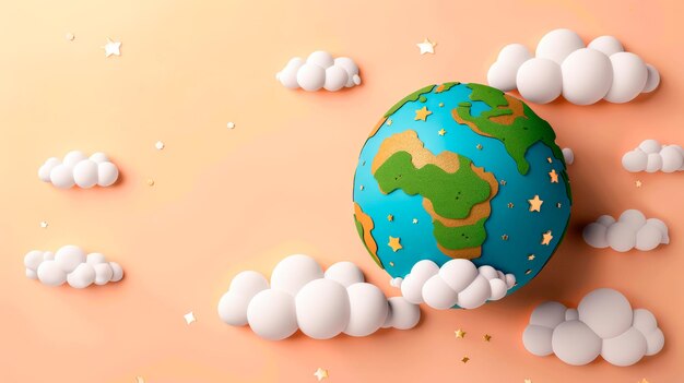 Celebrar el Día de la Tierra con una caprichosa escena de globos y nubes en 3D