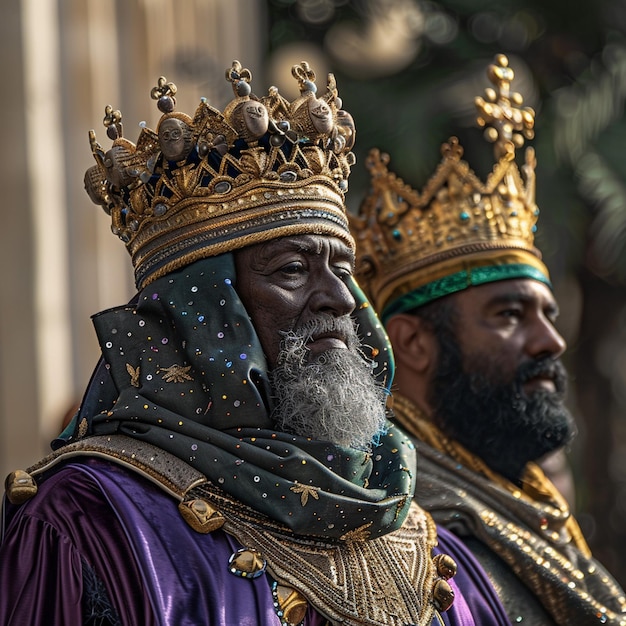 Celebrar el Día de los Tres Reyes con coronas festivas Imagen festiva de hombres de pie juntos