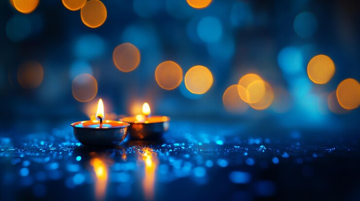 Celebrar Diwali con lámparas de aceite tradicionales que brillan contra un telón de fondo festivo en la noche