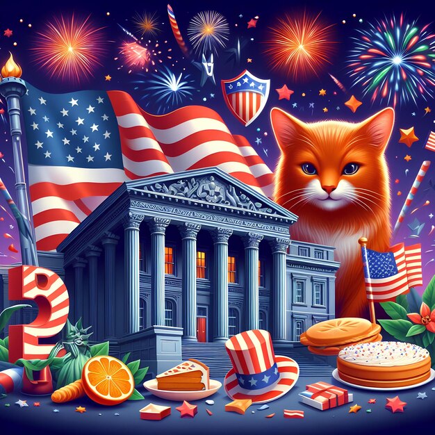 Celebrar feriado nacional americano cartaz fogos de artifício e bandeira americana gato sentado na frente do c