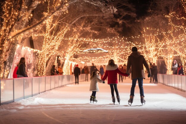 Para celebrar la Navidad patinaje sobre hielo bajo las luces centelleantes de una pista de patinaje al aire libre con temática navideña