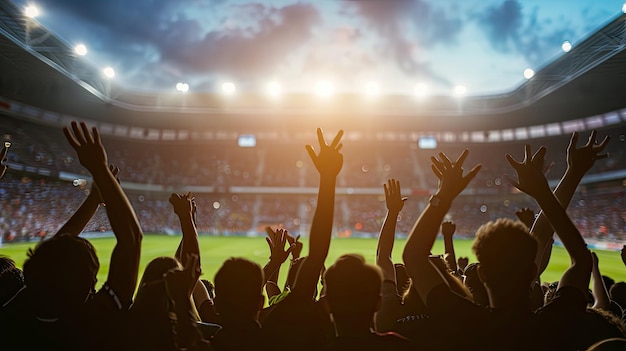 Celebrar o conceito Silhouettes clube de fãs de futebol levantando as mãos sobre o estádio
