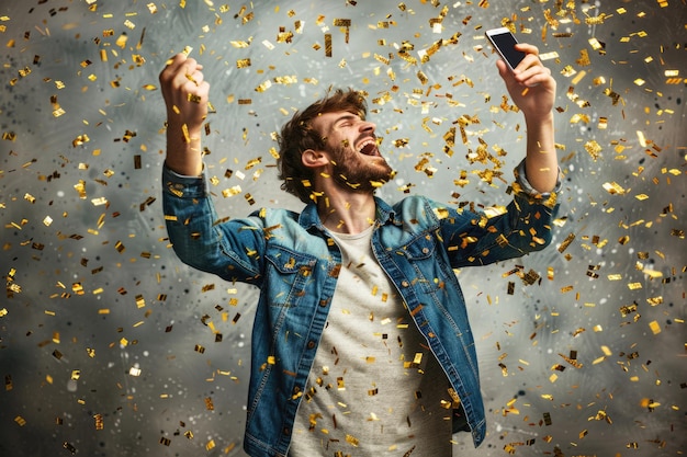 Celebrar o jovem com o telemóvel ganhando o prémio e inundado de confete dourado no estúdio