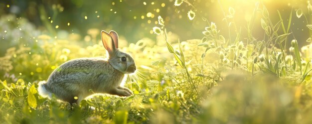 Celebrar la primavera una alegre aventura de conejitos a través de un exuberante prado de Pascua