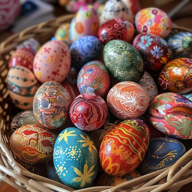 Celebrar la primavera con creatividad Un primer plano de una canasta llena de huevos de Pascua