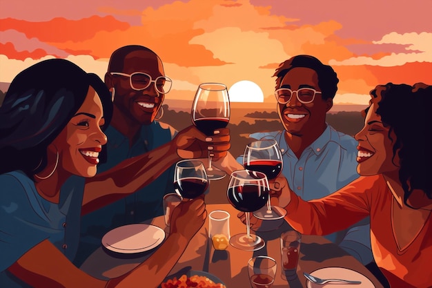 Celebrar vacaciones grupo bebida de vino brindis bebida de alcohol gente roja fiesta de amigos