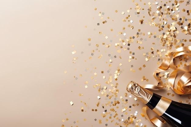 Celebration Extravaganza Goldenes Champagner-Konfetti und Party-Luftschlangen auf festlichem Hintergrund