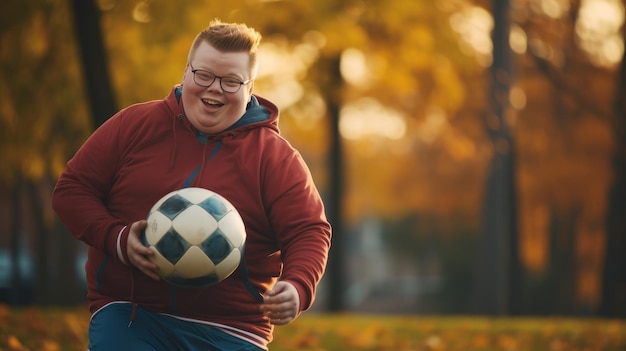 Celebre a inclusão com uma imagem de um jovem feliz com síndrome de Down brincando com uma bola de futebol na natureza