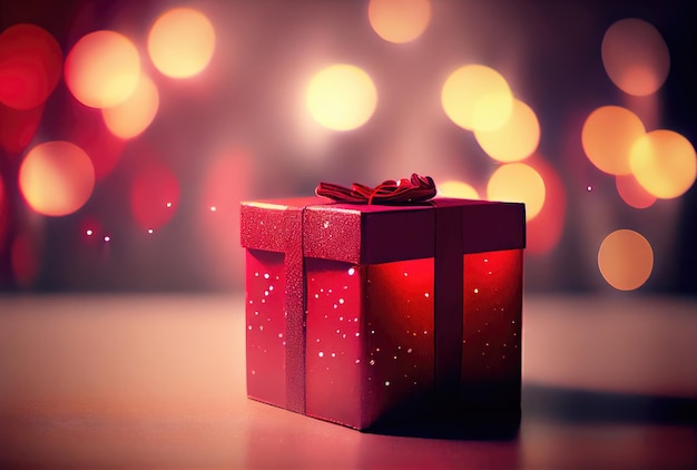 Celebre la caja de regalo en la mesa con fondo de luz bokeh desenfocado Evento de año nuevo y concepto de celebración de Navidad IA generativa