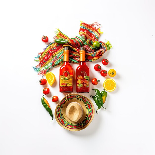 Celebre el Cinco de Mayo con esta divertida y festiva vista vertical superior de un sombrero poncho y maracas, además de tragos de tequila, gajos de lima, chiles sobre un fondo blanco con espacio de copia