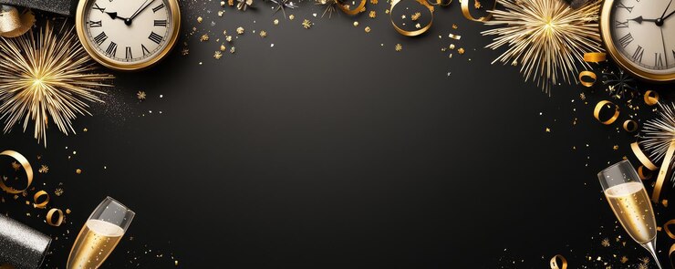 Foto celebre com um pano de fundo festivo com fogos de artifício copos de champanhe e relógios elegantes para uma ocasião alegre