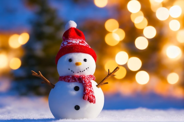 Celebre la magia de la temporada con un encantador árbol de Navidad con forma de muñeco de nieve y un fondo bokeh realista generado por IA