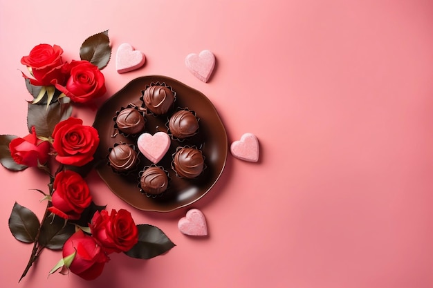 Celebre o amor e o romance com uma visão superior de rosas vermelhas e chocolates em forma de coração em uma mesa AI