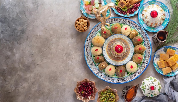 Celebre o Nowruz Uma mesa cheia de sete itens simbólicos que mostram a tradição e a cultura iraniana