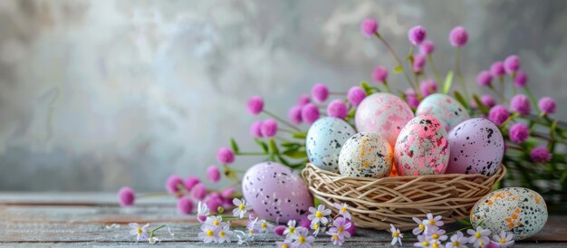 Celebre la Pascua en un entorno festivo con huevos de Pascua coloridos y flores