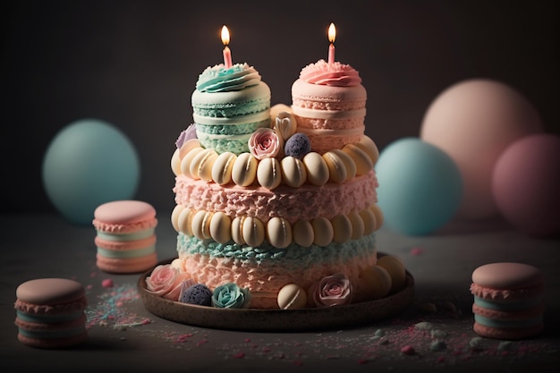 Celebre el pastel de cumpleaños con velas ilustración con poca luz IA generativa